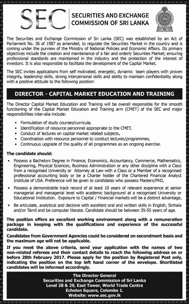 Director (Capital Market Education & Training) - Securities and Exchange Commission of Sri Lanka